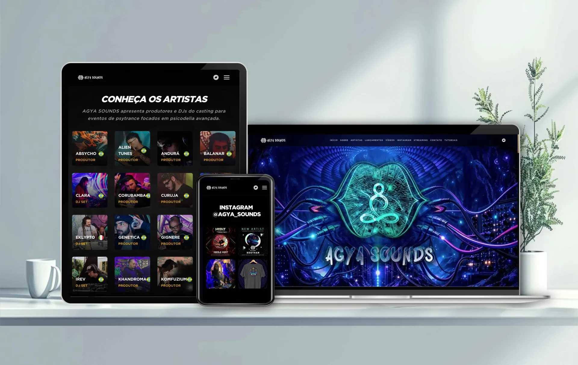Website Agya Sounds Recs — interface dark psicodélica
